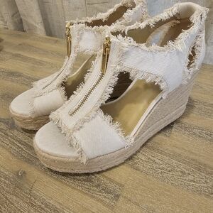 Michael Kors Frayed Denim Wedge Sandals - Cream Size 7 New